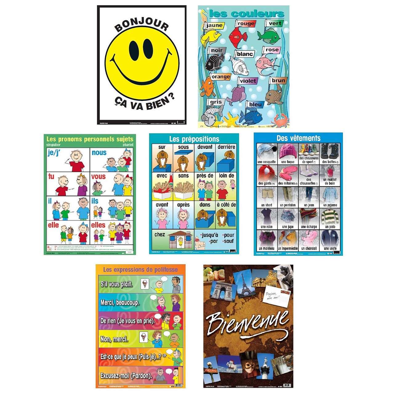 Poster Pals French Educational & Language Teaching basic Posters, large colorful charts, classroom reference and instruction, FSL, 7 pack